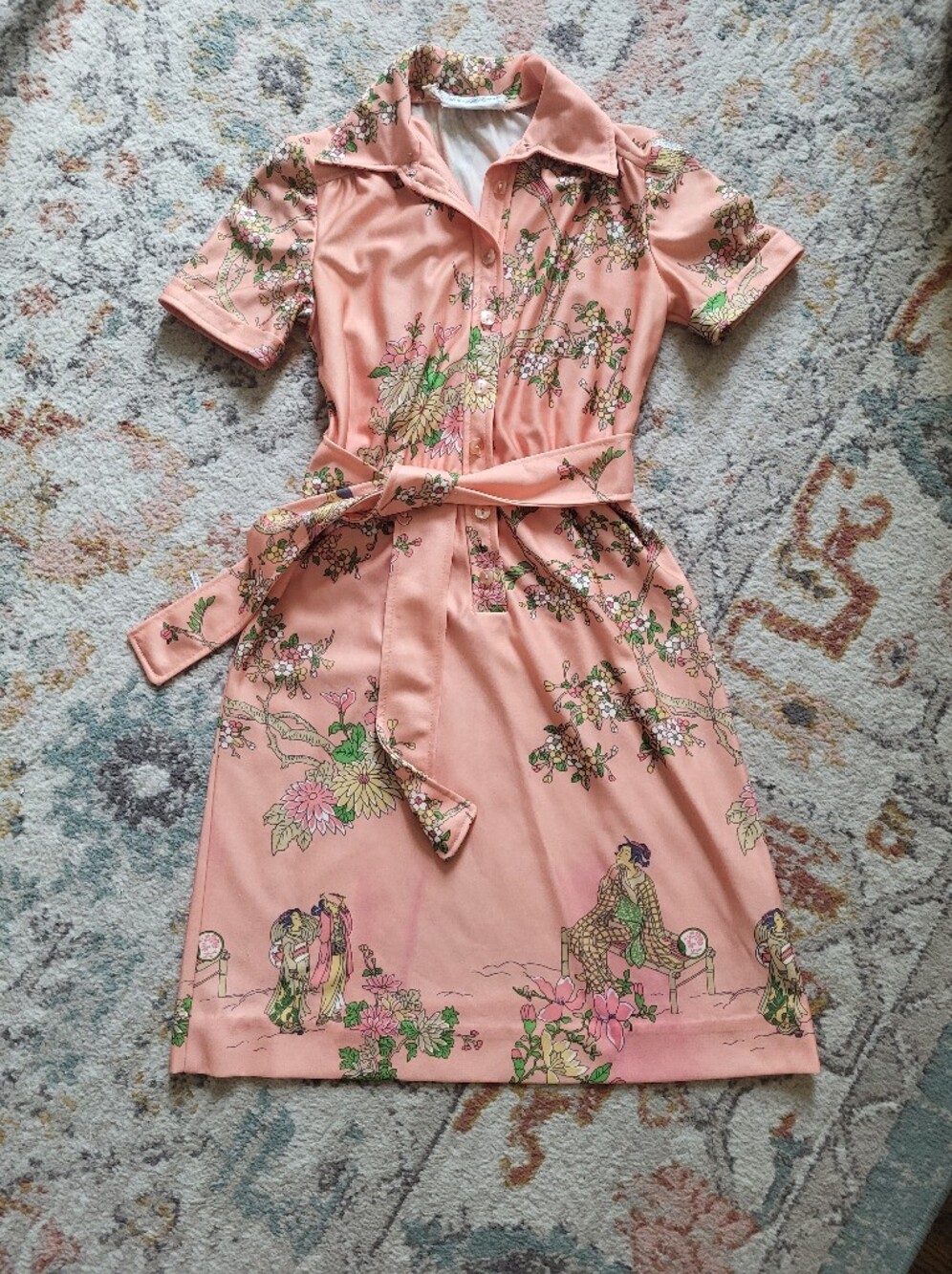Vintage 60s Saks Fifth Avenue Peach Floral Tie-Waist Dress